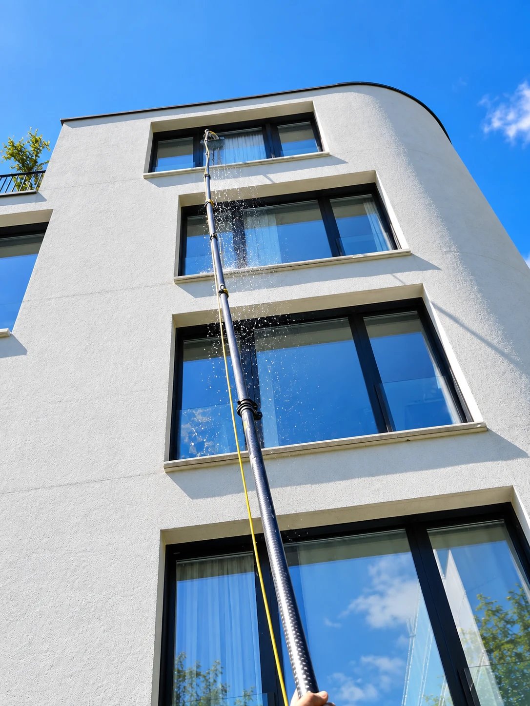 Fassadenreinigung mit Osmosewasser an einem mehrstöckigen Gebäude durch Propex.