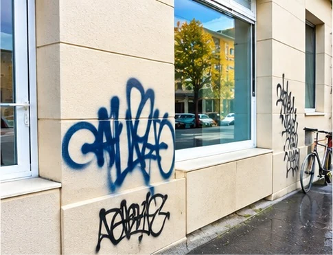 Graffiti auf einer Hausfassade vor der professionellen Entfernung durch Propex in Zürich